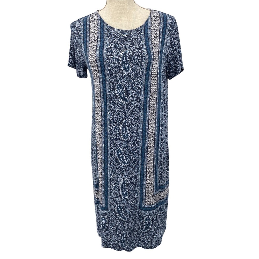 J. Jill Blue Paisley Floral Knit Shift Dress Petite Short Sleeve Rayon Y2K Small